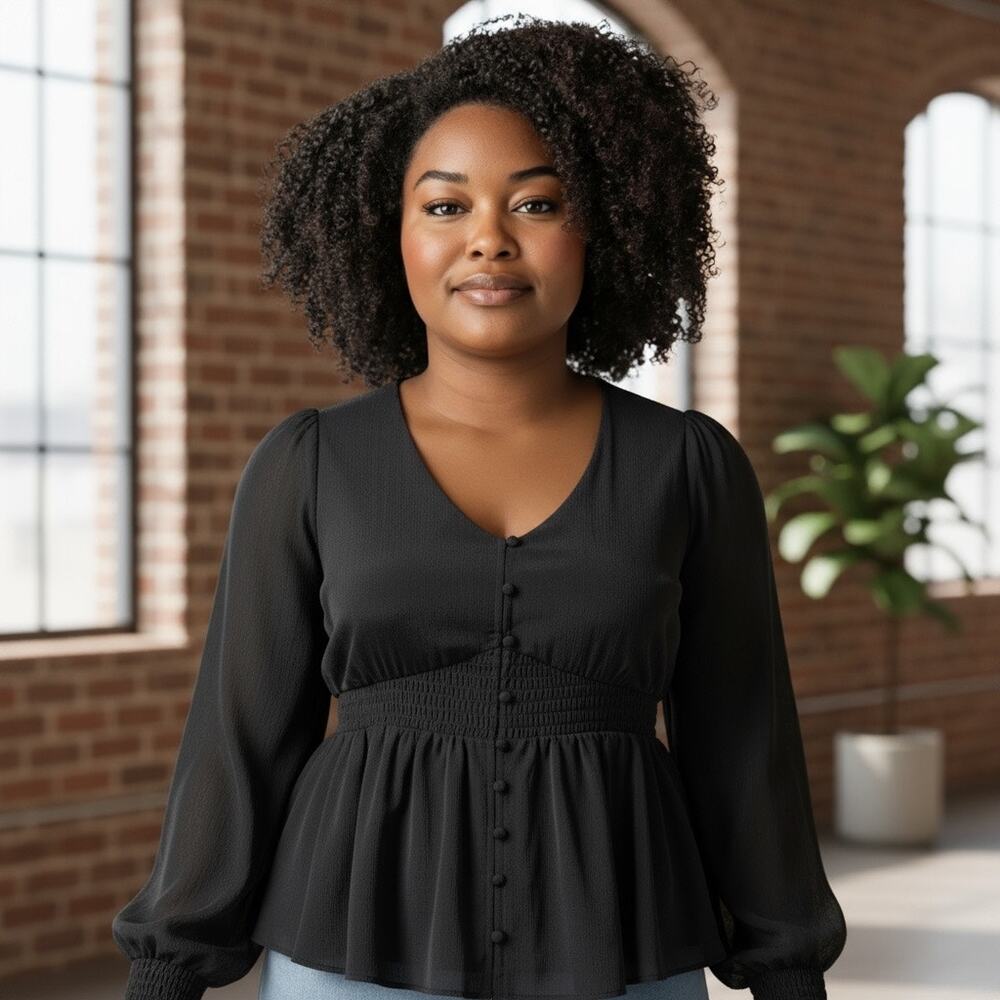 NWT Torrid Smocked Waist Long Sleeve Chiffon Blouse Black - Picture 5 of 8